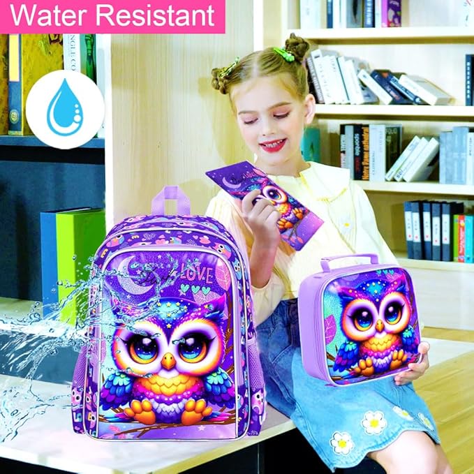 WZLVO 3PCS Backpack for Girls, 16" Kids Owl Preschool Bookbag with Lunch Box，Cute Animal Water Resistant School Backpacks Set for Elementary Kindergarten