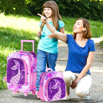 2PCS Kids Luggage, Suitcases for Girls, Carry on Rolling Luggage with Wheels, 18" Toddler Suitcase Set 12" with Sequin Backpack - Pink Mermaid