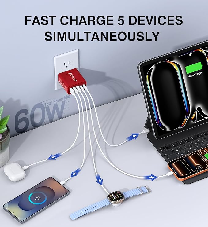 USB C Wall Charger Block, 2Pack 60W USB C Charger 5-Port PD Fast Charging Blocks,QC 3.0 USB A Multiport Plug,Type C Power Adapter Brick Cube for iPhone 17/16/15/14/13/Pro,Samsung,for Switch/Pixel（Red）