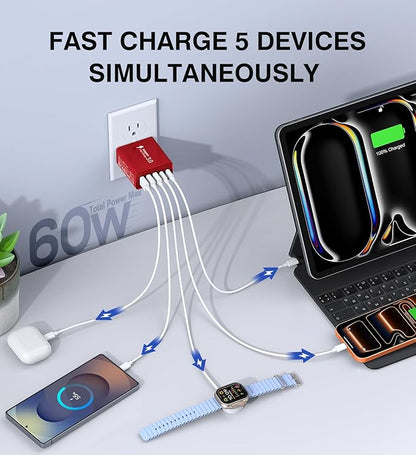 USB C Wall Charger Block, 2Pack 60W USB C Charger 5-Port PD Fast Charging Blocks,QC 3.0 USB A Multiport Plug,Type C Power Adapter Brick Cube for iPhone 17/16/15/14/13/Pro,Samsung,for Switch/Pixel（Red）