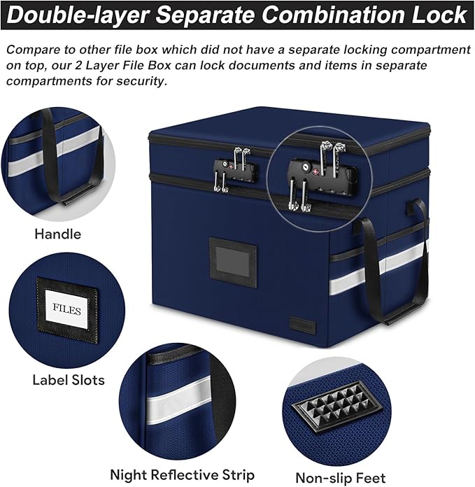 ETRONIK Fireproof Document Box with Lock, 2-Layer File Box Storage Organizer with 5 Tabs& Insert, Portable File Cabinet Storage Box with Handle for Hanging Letter,Legal Size Folder,Certificate, Blue