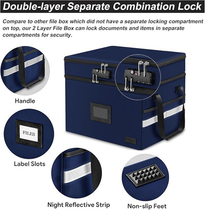 ETRONIK Fireproof Document Box with Lock, 2-Layer File Box Storage Organizer with 5 Tabs& Insert, Portable File Cabinet Storage Box with Handle for Hanging Letter,Legal Size Folder,Certificate, Blue