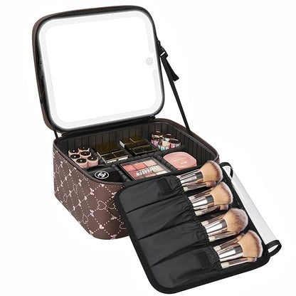 Relavel Travel Makeup Bag With LED Mirror, Portable Cosmetic Organizer Bag with Adjustable Brightness in 3 Color Scenarios, Small Train Case with Detachable Dividers for Trip- Brown Bowknot