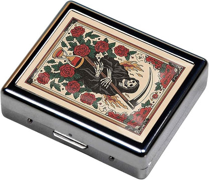 7 Days Chromed Shiny Silver Pill Organizer with Mirror Inside Has 8 Separate Compartments Rectangle,Versatile Storage for Medication - Ideal Travel Accessory (Sickle and Skull)