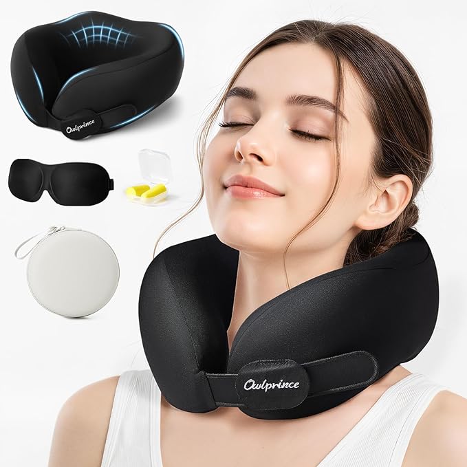 Travel Neck Pillow for Airplane, Neck Travel Pillow, Upgraded Soft 100% Pure Memory Foam - Lightweight and Stowable - Ergonomic Design for Long Flights, Car, Train, Office Use