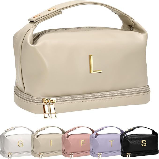 Bridal Gifts, Travel Makeup Bag, Personalized Double Layer Cosmetic Toiletry Bag White Makeup PU Bag Letter Bride Purse Waterproof Portable Zipper Wedding Bridesmaid Gift