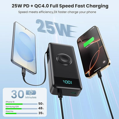 5-in-1 Portable Charger for iPhone,40800mAh Power Bank Built-in Retractable Cable and iWatch Charger,25W PD QC4.0 Fast Charging Battery Pack,Travel Essential Charger for iPhone 17/Air/16,Android,Black