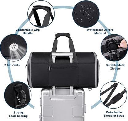 Convertible Garment Bags for Travel, 4 in 1 Duffle Bag for Travel 58L Capacity Carry on Garment Bag with Shoes Compartment Travel Garment Bag with Shoulder Straps Suit Bag for Men Women,Black