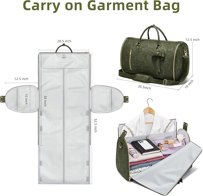 Garment Duffle Bag for Travel, 2-in-1 Foldable Carry On Garment Bag with Shoe Compartment & Toiletry Pocket, Convertible Weekender Bags for Women Business Travel, Vacation, Party, Deep Green