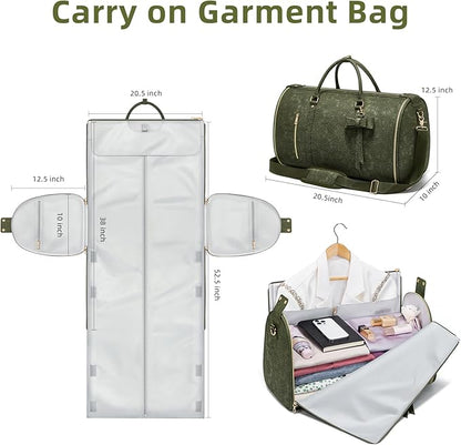 Garment Duffle Bag for Travel, 2-in-1 Foldable Carry On Garment Bag with Shoe Compartment & Toiletry Pocket, Convertible Weekender Bags for Women Business Travel, Vacation, Party, Deep Green