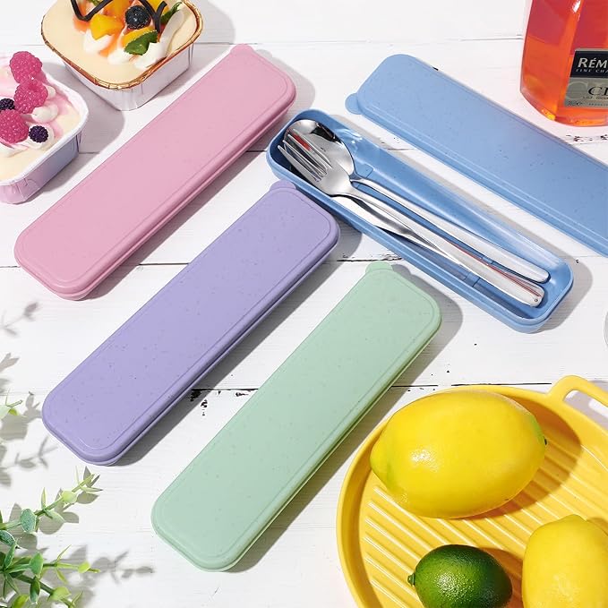Yinkin 4 Pack Portable Travel Utensils Set with Case Reusable Stainless Steel Silverware Flatware Camping Cutlery Include Fork Spoon Knife for Work School Dishwasher Safe (Purple, Green, Blue, Pink)