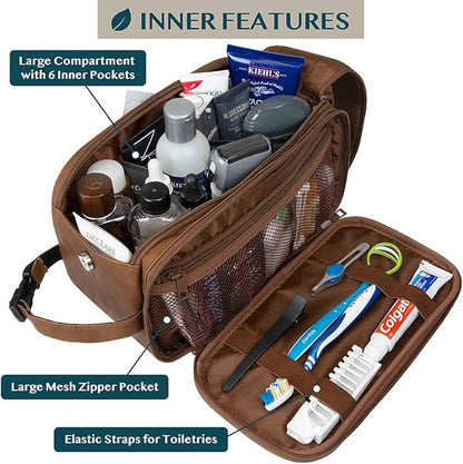 PAVILIA Toiletry Bag for Men, Travel Essentials Shaving Dopp Kit, Mens Travel Bag Toiletries Organizer Case for Grooming, PU Leather Water Resistant Cosmetic Bag Pouch (Brown)