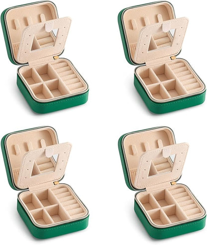 Jewelry Travel Case with Mirror,Small Travel Jewelry Organizer, Portable Jewelry Box Travel Mini Storage Organizer Portable Display Storage Box For Rings Earrings Necklaces (Green-4packs)