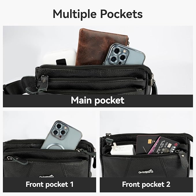 Leather Fanny Pack for Men Women,Genuine Leather Waist Belt Bag with Adjustable Strap Belt Hip Bag with Multi-Pockets for Travel Sports Running Cycling Hiking(Black)