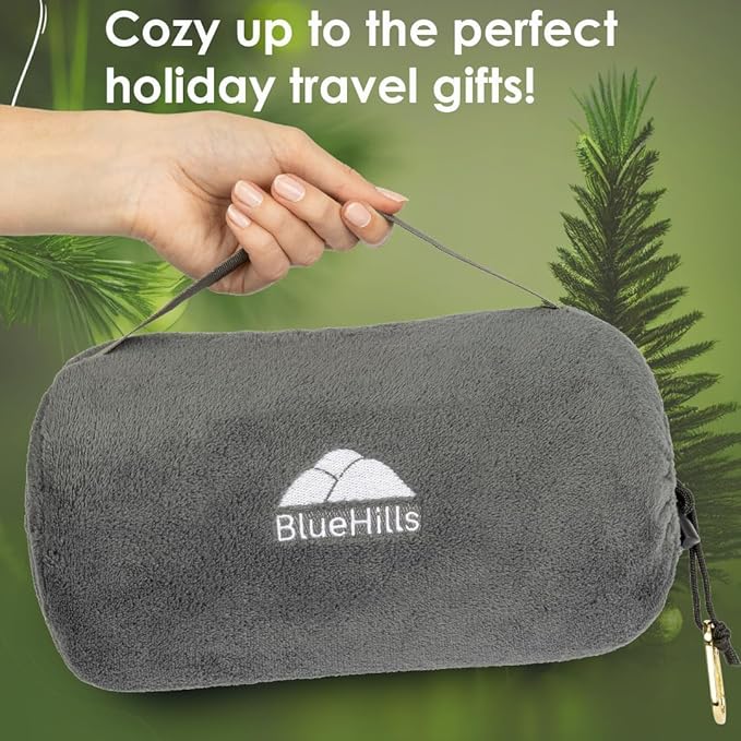BlueHills Travel Blanket Pillow Rolled Premium Soft Plush Airplane Throw Traveling Essentials Compact in a Bag 70 X 48 inches for Long Plane Flight Portable Lightweight Grey Gray R01