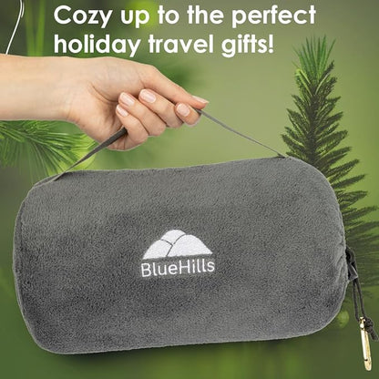 BlueHills Travel Blanket Pillow Rolled Premium Soft Plush Airplane Throw Traveling Essentials Compact in a Bag 70 X 48 inches for Long Plane Flight Portable Lightweight Grey Gray R01