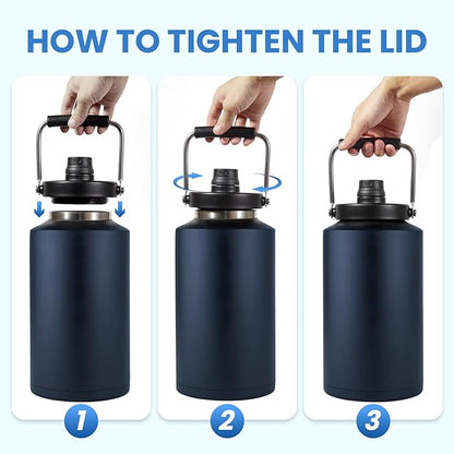 1 Gallon Water Jug Bottle Insulated with Straw, 128oz Stainless Steel Water Bottle Jug Wide Mouth Double Vacuum Dishwasher Safe BPA Free for Hot & Cold Drinks Navy Blue