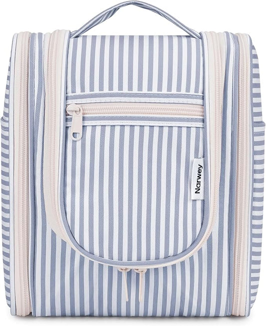 Narwey Small Striped Hanging Travel Toiletry Bag for Women, Travel Bag for Toiletries, Makeup Bag Organizer Cosmetic Bags Make Up Bags for Women (Greyish Blue Stripe)