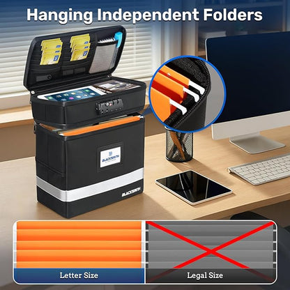 BlackSmith Fireproof Document Box With Lock, 4200°F Heat Resistant & IPX3 Waterproof 2 Layer Document Bag with Hanging File Organizer for Letter Size, Portable File Safe Box for Office, Travel