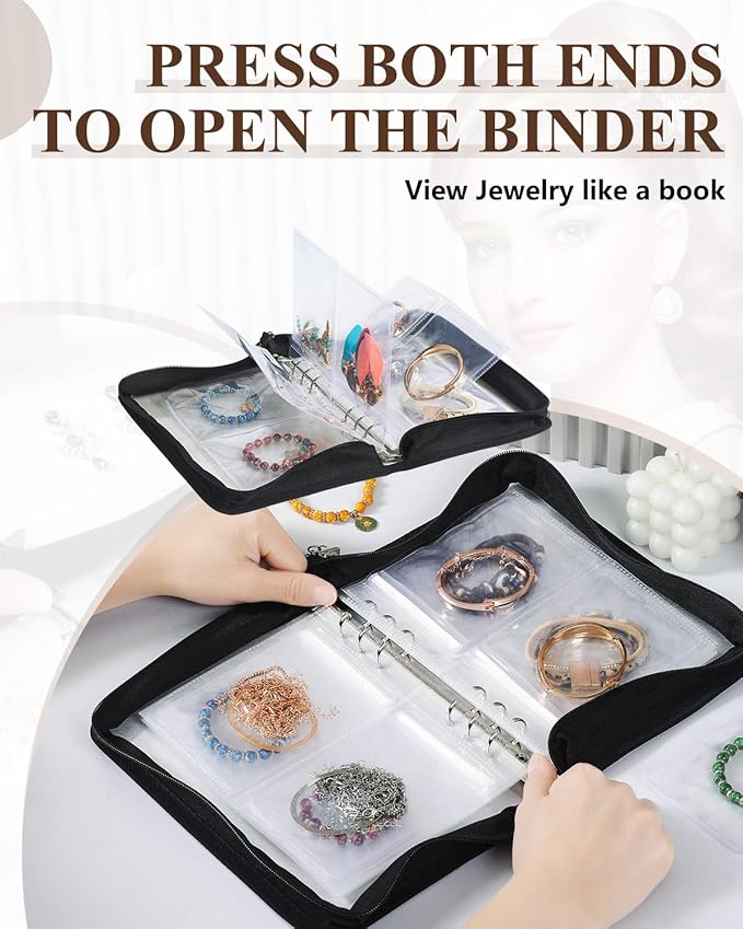 AOLEIXIYA Jewelry Organizer Book Clear Travel earring book organizer Transparent Jewelry Book with Zipper Pouch Bags (Black,With 48 PCS Large Jewelry Bags)