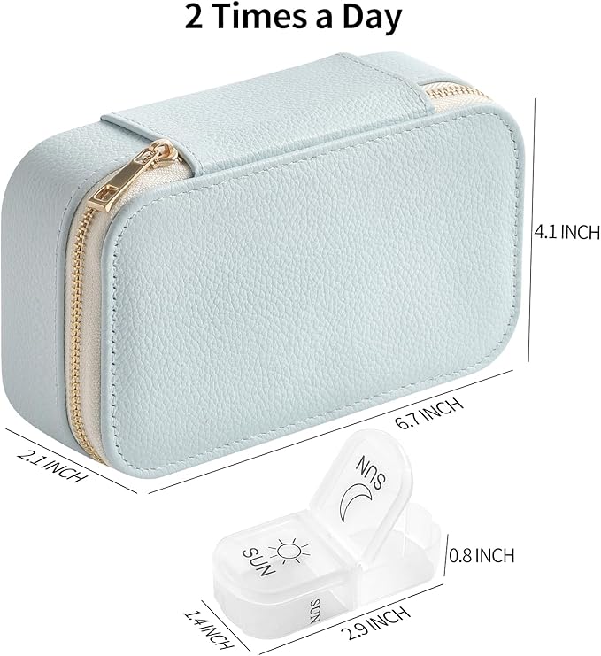 Genuine Leather Travel Pill Organizer Box Case 2 Times a Day for Purse for Women, Cute Medicine Pill Holder Containers for Vitamin Medium Weekly Daily 7 Day Am Pm Pill Organizer(Black)