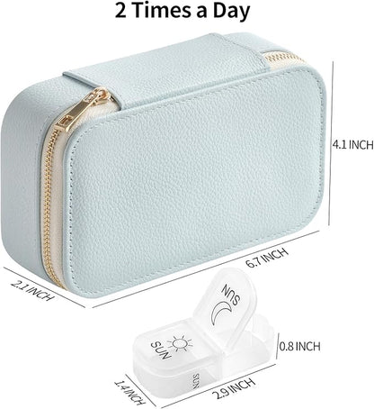 Genuine Leather Travel Pill Organizer Box Case 2 Times a Day for Purse for Women, Cute Medicine Pill Holder Containers for Vitamin Medium Weekly Daily 7 Day Am Pm Pill Organizer(Black)