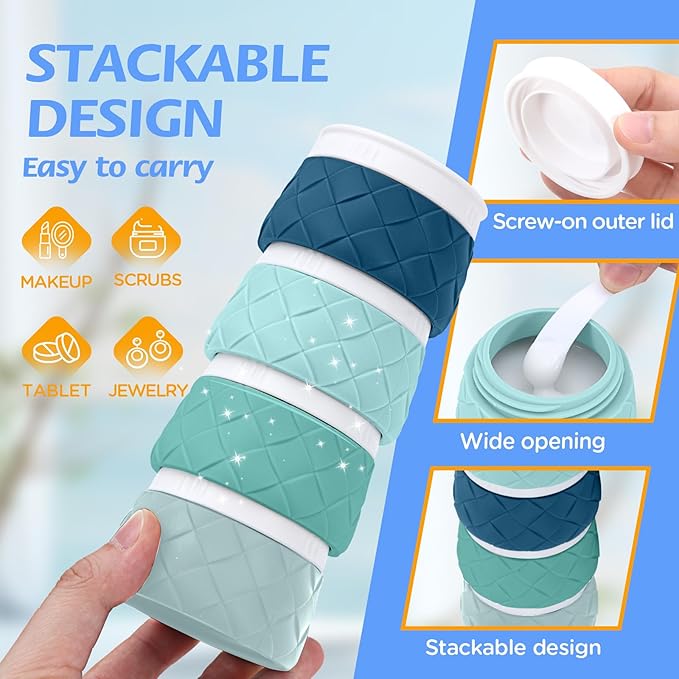 16 Pack Travel Bottles for Toiletries, TSA Approved Travel Size Toiletries Containers Set, BPA-Free Silicone Leak Proof Refillable Bottles Stackable Creams Jars Accessories Kit W/Clear Bag Mint Green