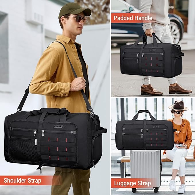 WITZMAN Foldable Duffle Bag for Travel 65L Lightweight Packable Duffel Bag with Shoes Compartment Overnight Bag for Men Women (B697 Black)