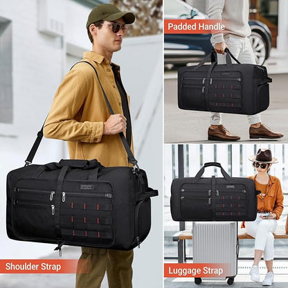 WITZMAN Foldable Duffle Bag for Travel 65L Lightweight Packable Duffel Bag with Shoes Compartment Overnight Bag for Men Women (B697 Black)