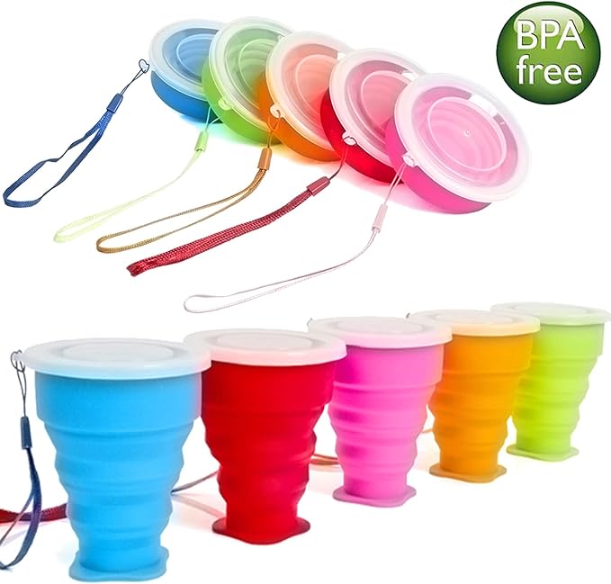 5 Pack Silicone Collapsible Cups for Traveling Foldable Camping Cups Collapsible Water Cup Portable Drinking Cups with Lids Collapsible Mug for Outdoor Hiking