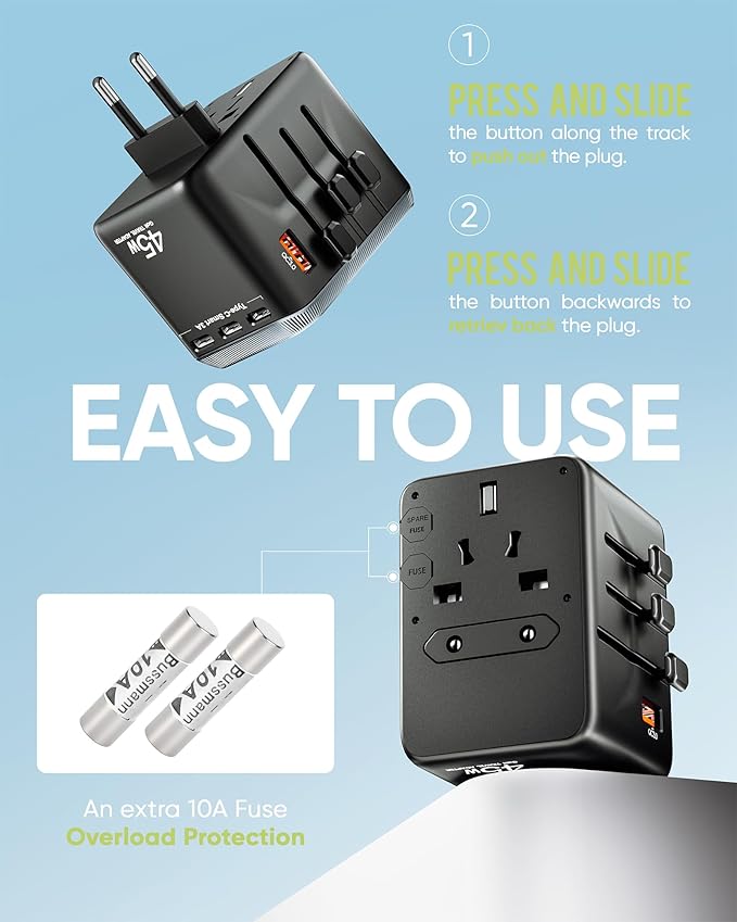 Universal Travel Adapter, 45W International Power Adapter with 4 USB-C & 1 USB-A Ports, European Travel Plug Adapter, Worldwide Travel Essentials for EU UK AUS USA