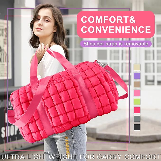 Quilted Travel Duffle Bag Gym Bag for Women,Large Puffer Duffle Weekender Bag with Compartment,Workout Overnight Carry on Organizer Bag Duffle Bag for Airplane Travel(Rosered)