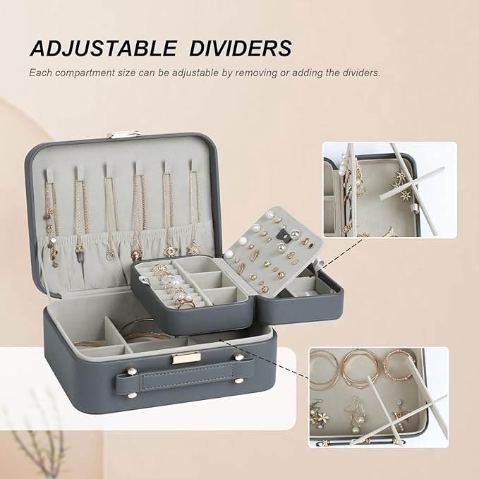 Travel Jewelry Case Large, Jewelry Box Large Jewelry Travel Organizer Jewelry Case with Handle, Best Gift for women Girls, Grey