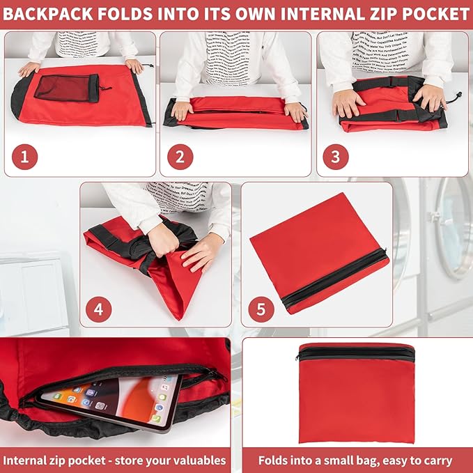 Laundry Bag Backpack with 3 Sizes Mesh Wash Bags and Shoulder Straps Foldable Clothes Hamper Bag with Drawstring Closure for College, Apartment, Laundromat (Red)