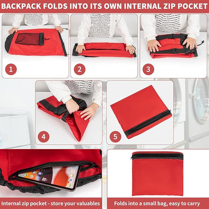 Laundry Bag Backpack with 3 Sizes Mesh Wash Bags and Shoulder Straps Foldable Clothes Hamper Bag with Drawstring Closure for College, Apartment, Laundromat (Red)