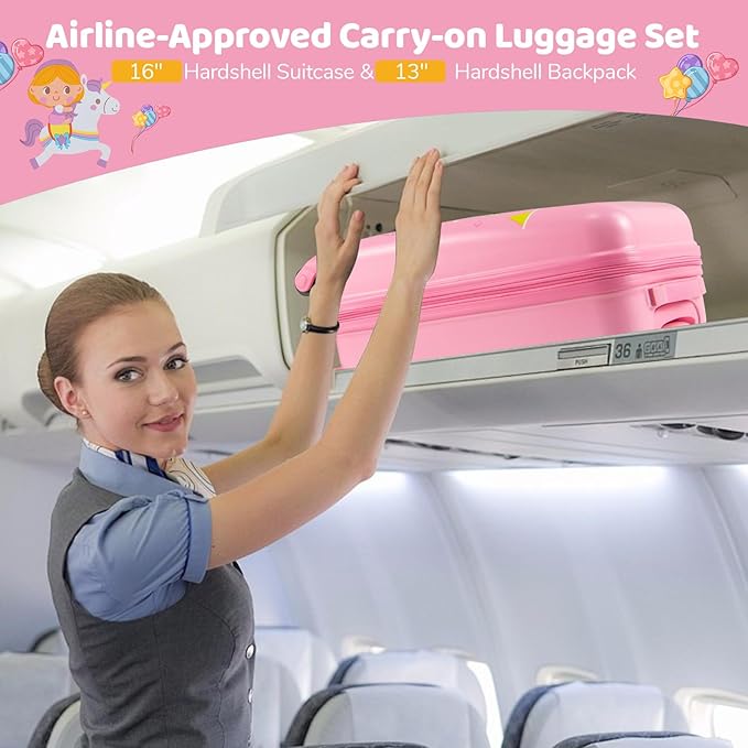 HONEY JOY Kids Luggage, Travel Backpack & Hard Shell Toddler Suitcase, Children Rolling Luggage with Wheels, Retractable Handle & 4 Casters, 2Pcs Carry On Luggage Set for Boys Girls(Pink Horse Girl)