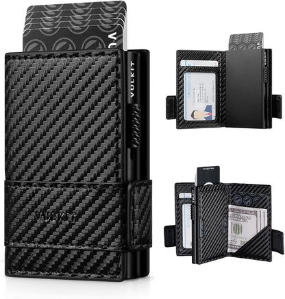 VULKIT Card Holder Bifold Pop Up Leather Wallet for Men RFID Blocking Metal Card Case, Holds 9 Cards and Banknotes Carbon Fiber Black