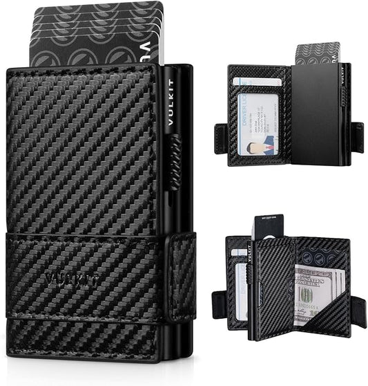 VULKIT Card Holder Bifold Pop Up Leather Wallet for Men RFID Blocking Metal Card Case, Holds 9 Cards and Banknotes Carbon Fiber Black