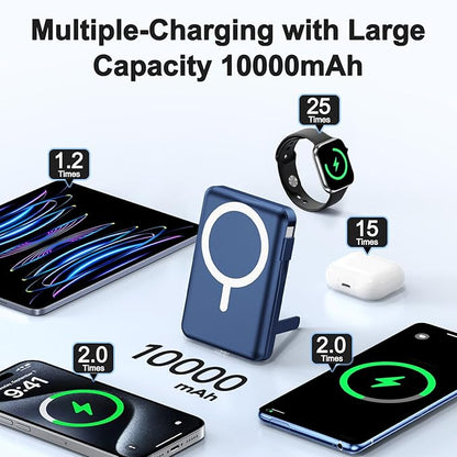 Vexnara for Magsafe Battery Pack, 10000mAh Power Bank for iPhone with Built-in Cables, 20W Fast Charging Magnetic Wireless Portable Charger with Stand for iPhone 17/16/15/14/13/12/Apple Watch Series