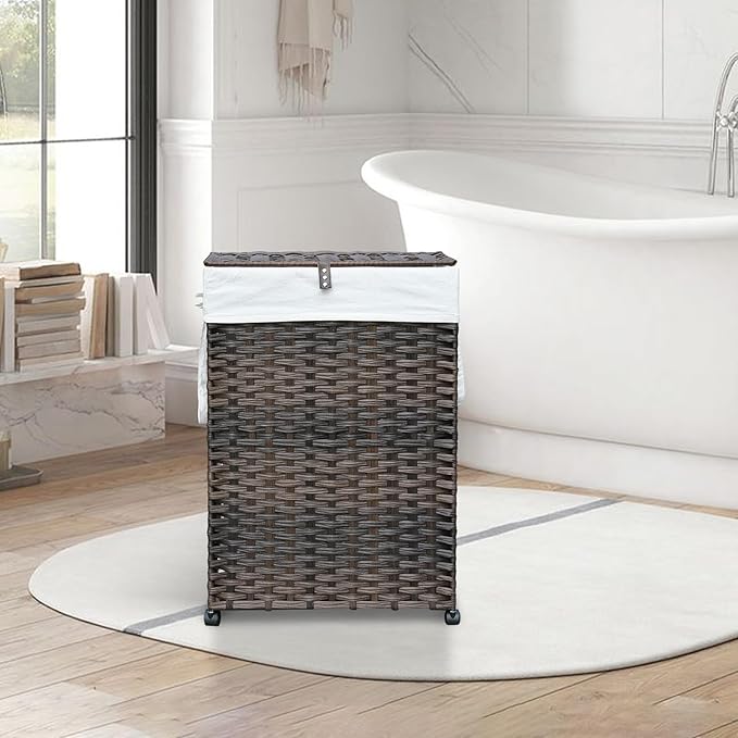 88L Slim Laundry Hamper with Wheels, 23.3 Gallon Rolling Laundry Basket with Lid, Tall and Narrow Laundry Hamper with 2 Removable Liner & 3 Mesh Bags, Laundry Sorter for Bathroom, Brown