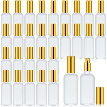 Roshtia 30 Pcs 3.4 oz/ 100 ml Gold Glass Spray Bottle Refillable Frosted Perfume Atomizer Clear Decorative Empty Bottles with Fine Mist Sprayer Pump for Face Body Travel