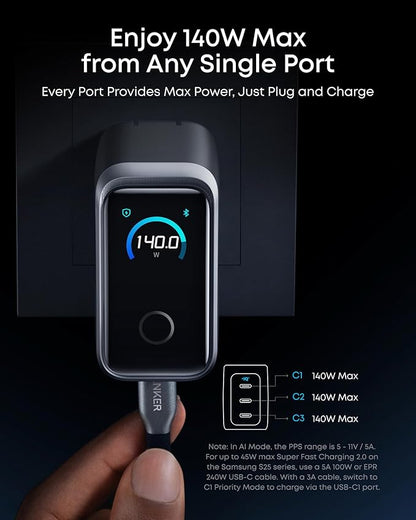 Anker Prime Charger, 160W 3-Port Compact GaN USB C Charger Block, Smart Display and Touch Control, 140W Max Charging via Any Single Port, for MacBook Pro/Air, Laptop, iPhone 17/16 Series(Non-Battery)