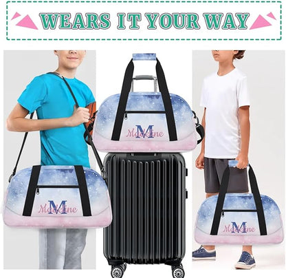 Personalized Kids Sports Duffel Bag with Name Custom Weekender Overnight Bag for Boys Girls Gym Bag Travel Dance Gymnastics Duffel Bag, Watercolor Nebula Pink Galaxy