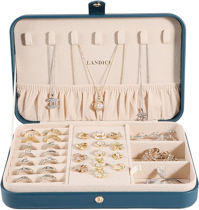 LANDICI Small Jewelry Box for Women Girls, PU Leather Travel Jewelry Organizer Case, Jewellery Storage Holder Display for Ring Earrings Necklace Bracelet Bangle Watch Men Kids Gift, Bluish Green