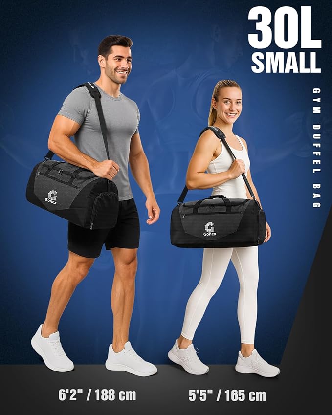 Gonex Gym Duffel Bag with Shoe Compartment Wet Pocket, Large Capacity Sports Duffle Bag for Men Women, Workout & Travel Bag with Multiple Pockets, Black, Small (30L)