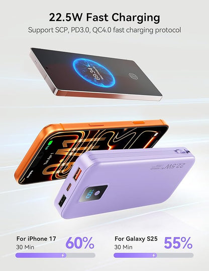 Portable Charger, 12000mAh 22.5W Fast Charging Power Bank with Built-in Cables & Wall Plug, Travel Essentials Battery Pack with LED Display, USB C External Battery Bank for iPhone iPad, Samsung Purple