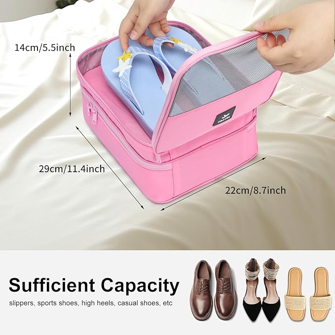 2 Layers Travel Shoe Bag, Portable Shoe Bags Hold 2 Pair Of Shoes, Water-Resistant Shoe Storage Pouch For Travel (Pink, 2 Pack)