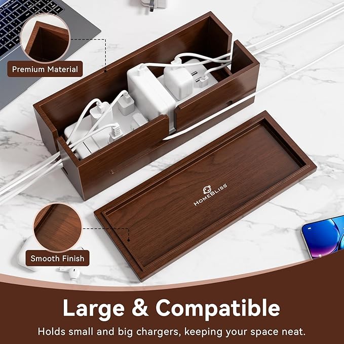 Large Cable Management Box-Stylish Wire Organizer, Wire Concealer and Wire Management Box-Wire Management Box with Protective Sleeve (Brown)