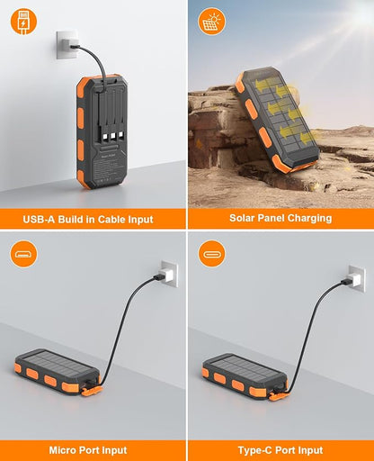 Solar Power Bank 38800mAh, Portable Charger, 4 Cables 4 Ports, PD22.5W Fast Charging External Battery Pack with USB C for Cell Phones, Solar Charger with Dual Flashlight, Perfect for Camping Travel