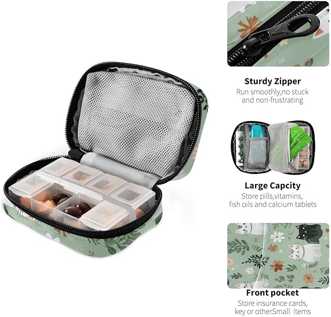Pill Organizer Box Case Weekly Travel Pill Container Holder 7Day Cute Vitamin Organizer Dispenser Sorter Planner Storage Small Compact Mint Green Floral and Cute Cats07